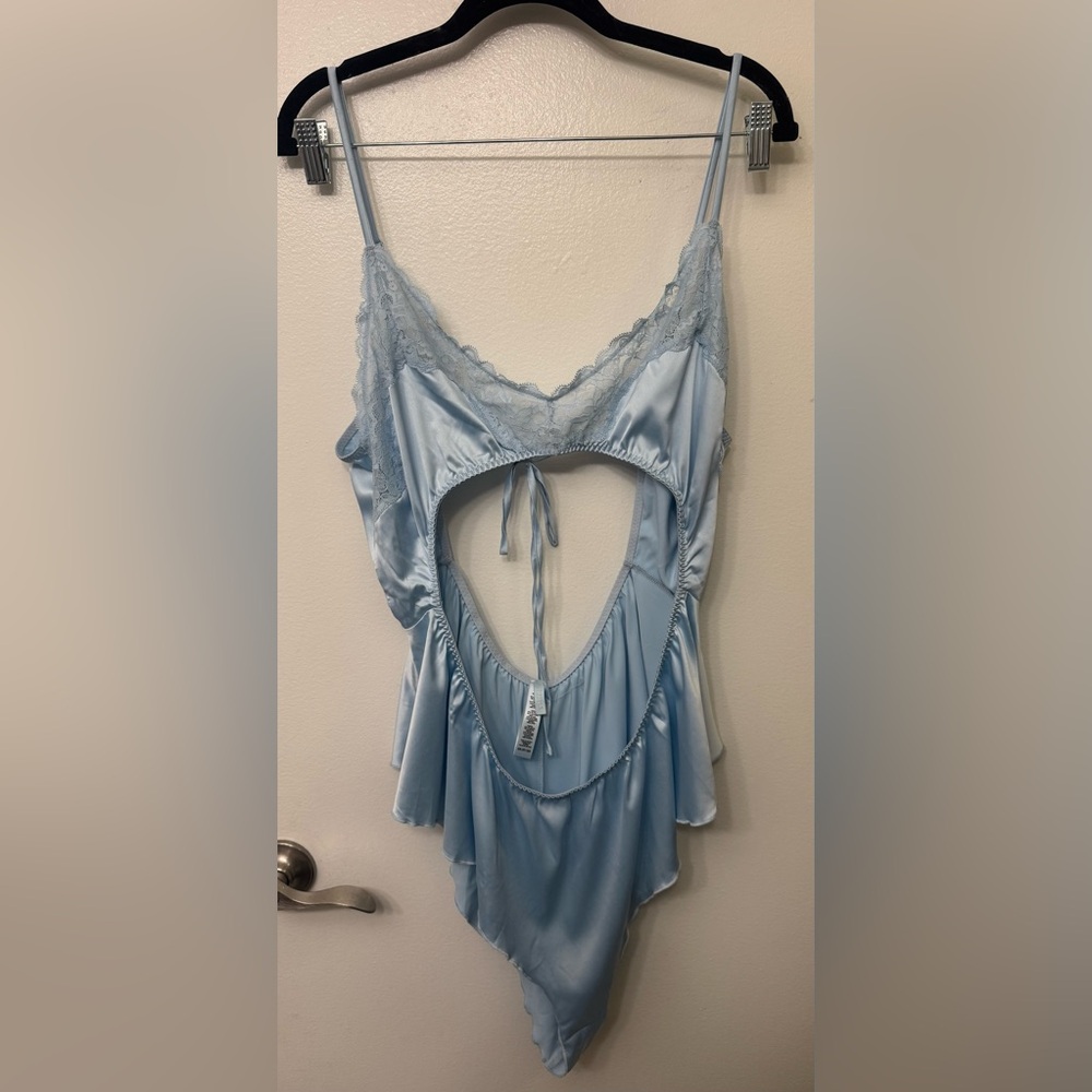 NWOT Skims Blue Satin & Lace Trim Cut Out Bodysuit